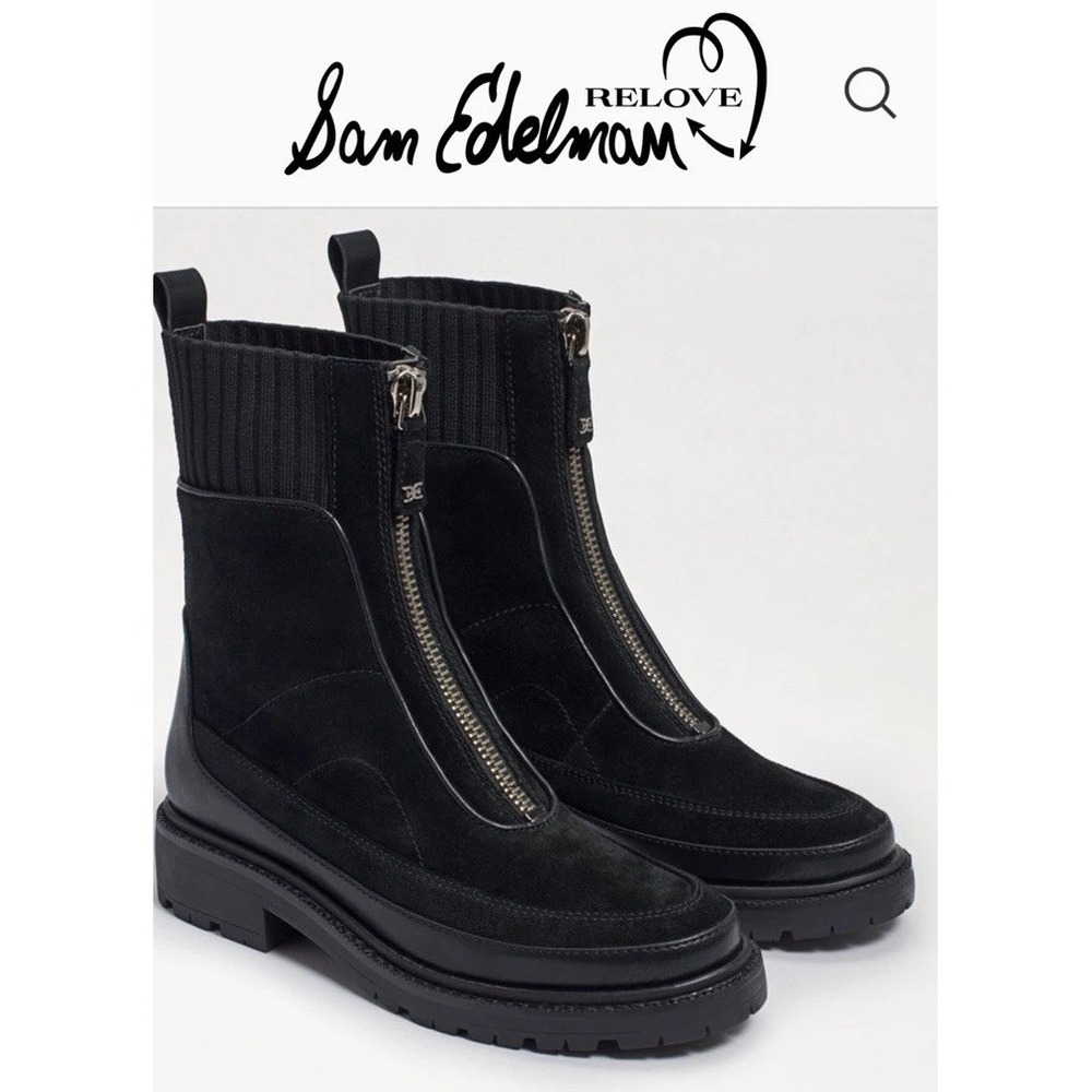 Sam Edelman Leone Lug Sole Chelsea Boots Black Leather Zip Front Women's Sz 9.5